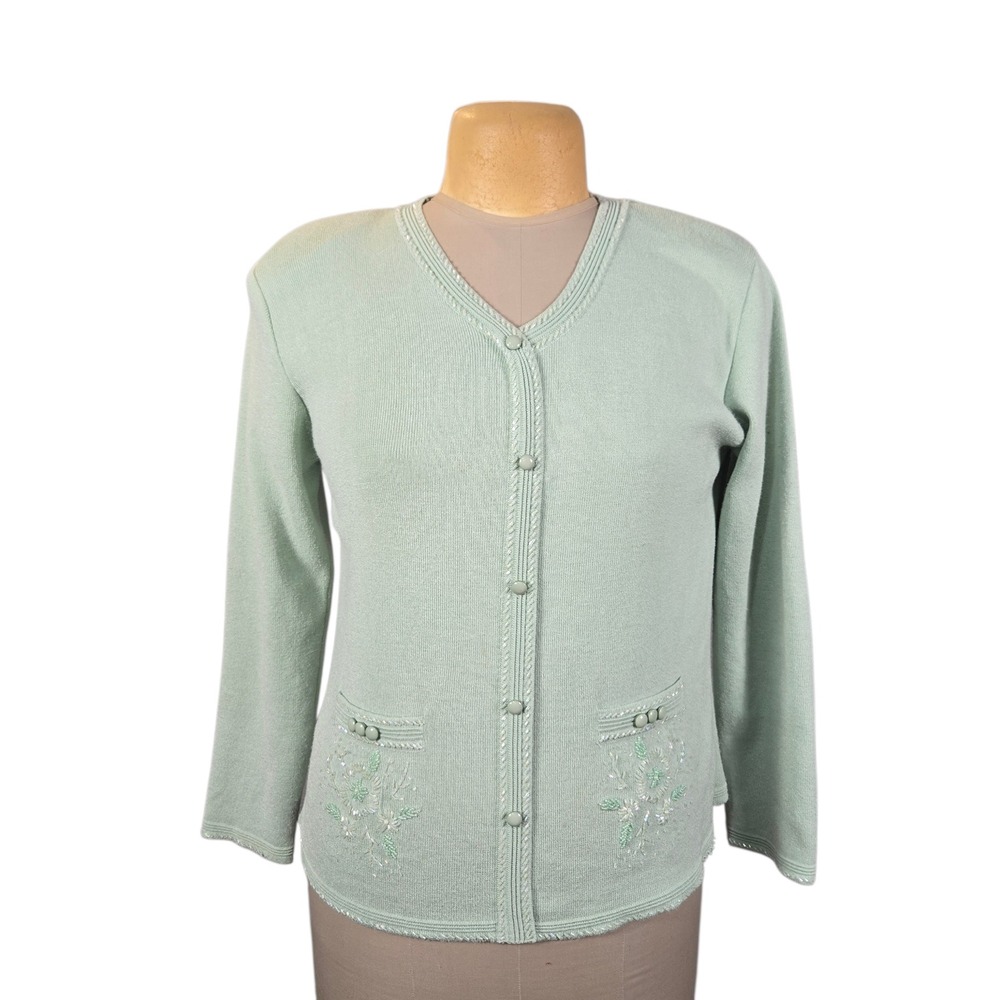 Vtg RSVP‎ 2XL Green Beaded Floral Embroidered Faux Cardigan Pullover Sweater 90s